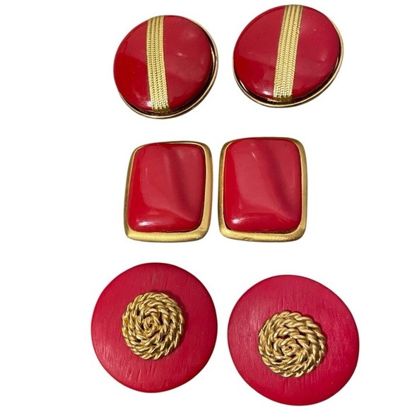 Jewelry - Vintage Red And Gold Womens 1980s Retro Clipon Costume Earrings set of 3